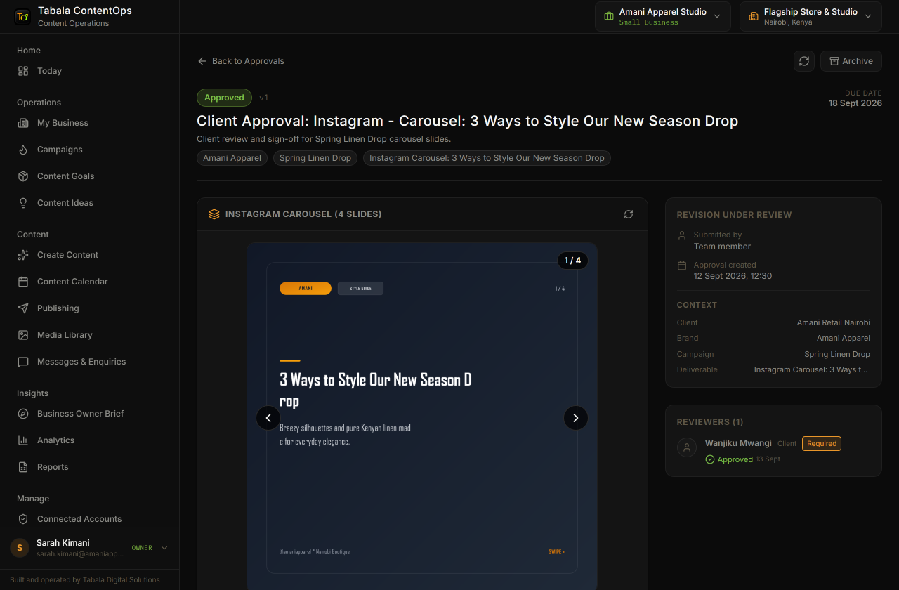 Tabala ContentOps client approval workspace